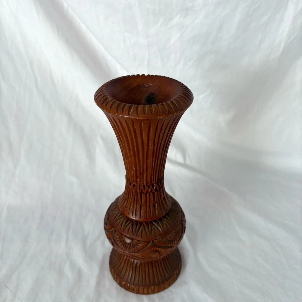 Vintage hand carved wood vase home decor boho indie brown accent - Picture 4 of 4